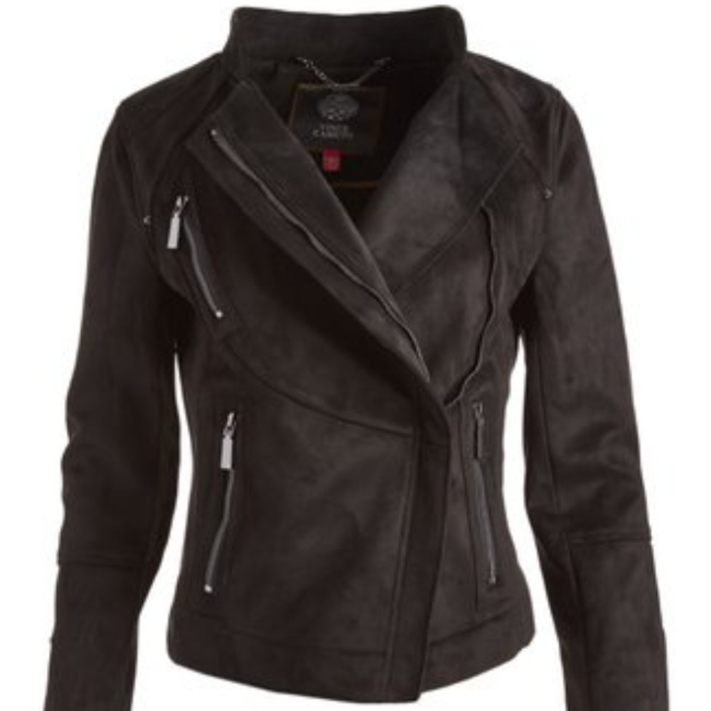 Black Asymmetrical-Zip Faux Suede Moto Jacket